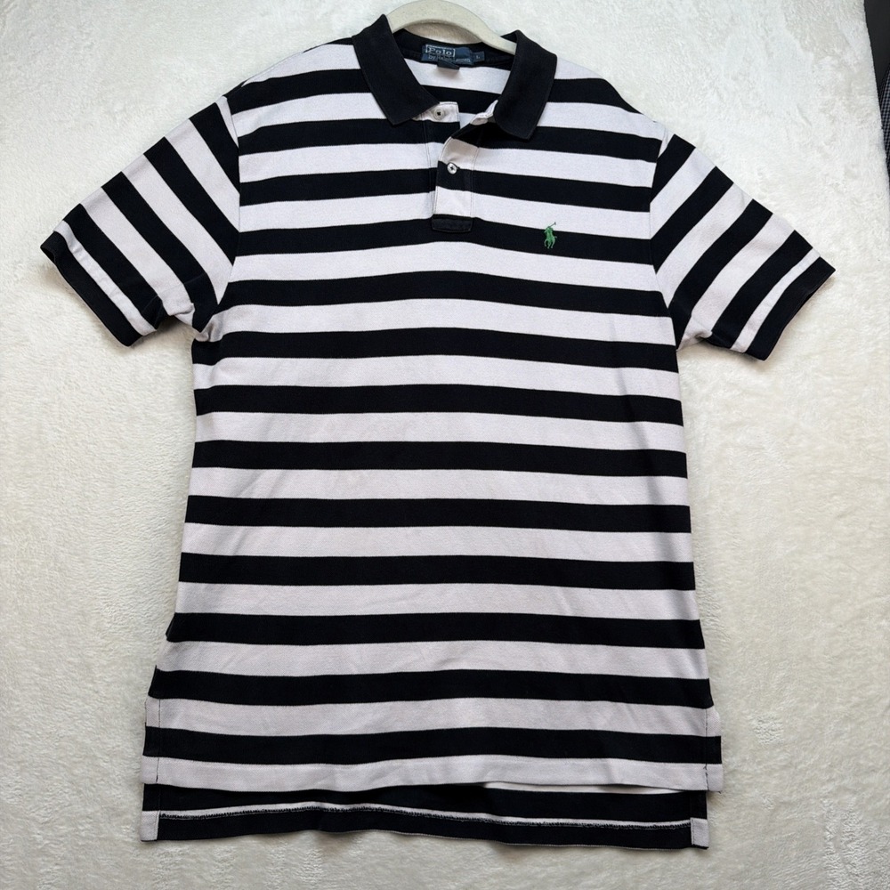 Polo Ralph Lauren Striped Polo Shirt Mens Large Black White Preppy Rugby - Picture 2 of 7